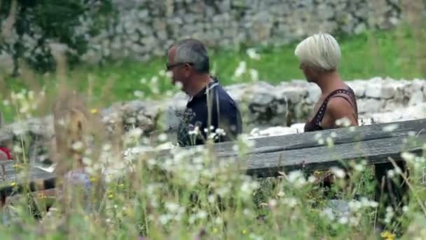 Sekelompok orang berjalan-jalan di lokasi wisata dengan reruntuhan tua — Stok Video