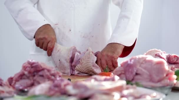 Butcher breaking big turkey leg — Stock Video