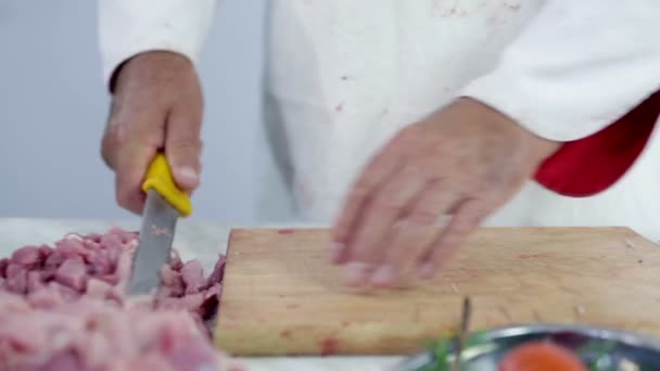 Виготовлення дрібних нарізів м'яса індички — стокове відео