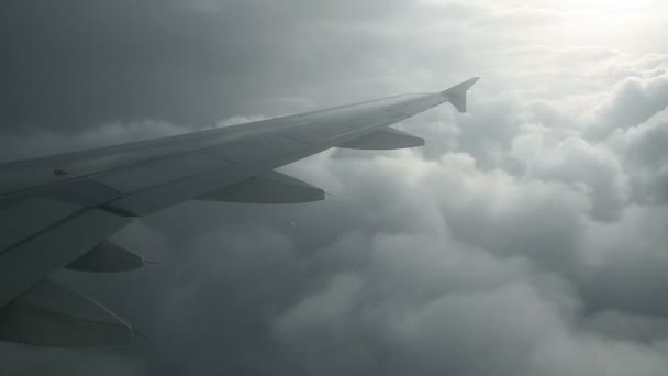 Passenger watching aircraft wing while flying — Stock Video