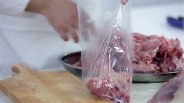 Mettere la carne in sacchetti per il congelamento — Video Stock