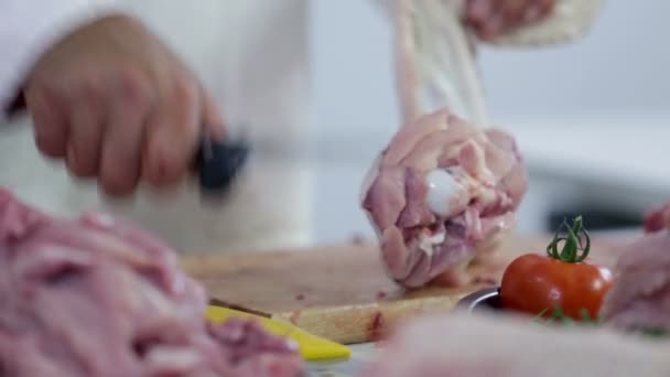 Gros plan de la cuisse de dinde coupée en deux — Video