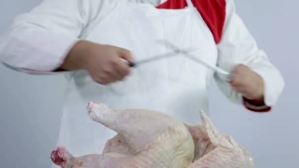 Butcher getting ready to cut big turkey for dinner — Stock Video