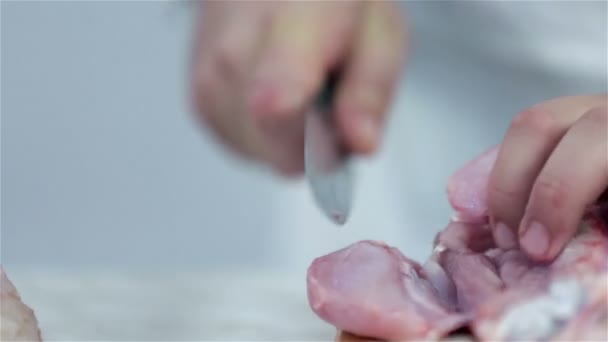 Corte de carne de pavo con cuchillo afilado — Vídeos de Stock