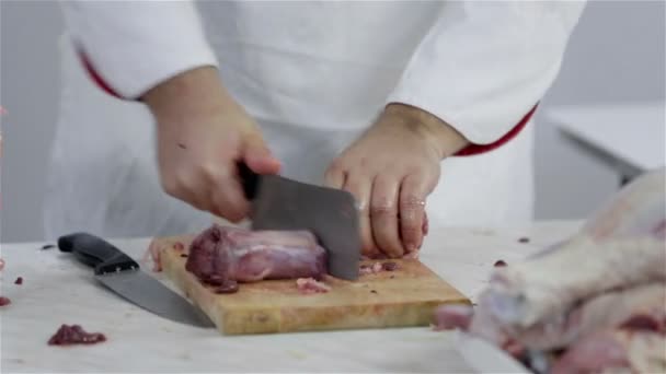 Krojenie mięso indycze na mniejsze kawałki — Wideo stockowe