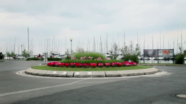 Blume arrangierter Kreisverkehr am Meer — Stockvideo