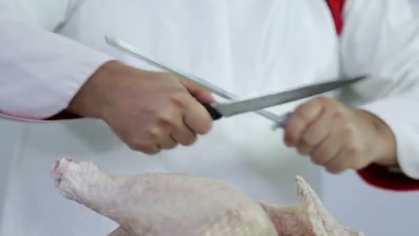 Primer plano en el cuchillo de afilar carnicero para cortar pavo — Vídeo de stock