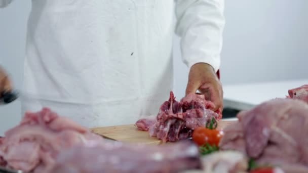 Slager knippen weg goed delen van vlees van kalkoenen — Stockvideo