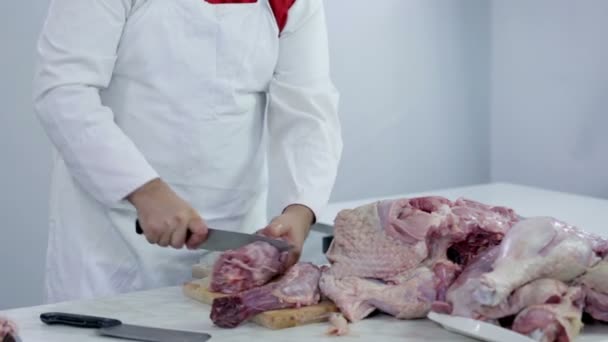 Butcher cutting parts of turkey to pieces — Stock Video