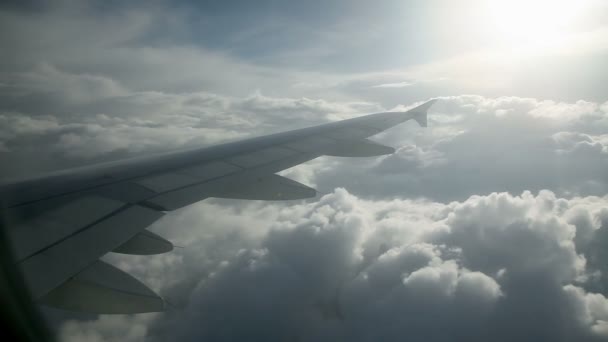 Aile énorme d'un avion de passagers tout en volant au-dessus des nuages — Video