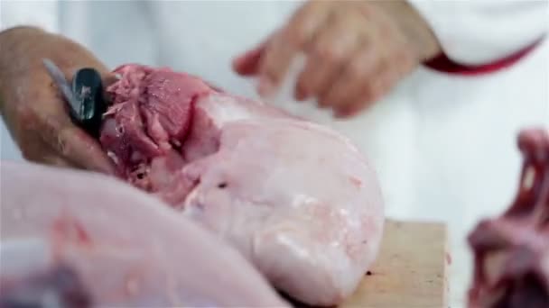 Close-up em cortar carne na cozinha — Vídeo de Stock