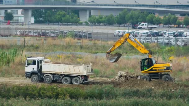 Camión conduciendo hacia atrás para ser cargado con la pala de la excavadora llena de tierra — Vídeos de Stock