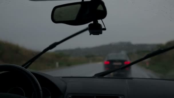 Windscreen wipers are removing rain while driving through countryside — Stock Video