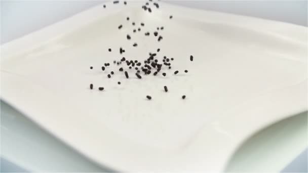 Vermicelli cayendo sobre plato blanco en fondo blanco — Vídeo de stock