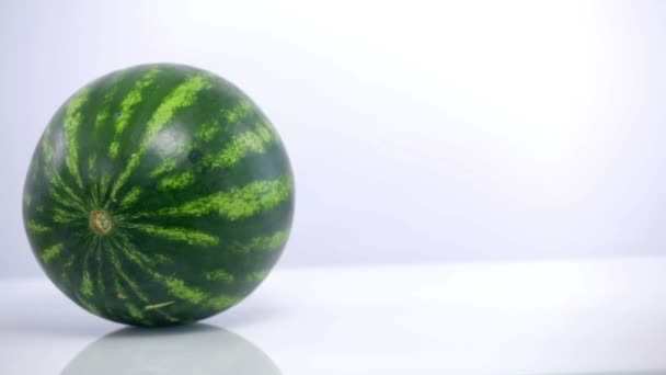 Pan shot from right to left of melon and watermelon on white background — Stok Video