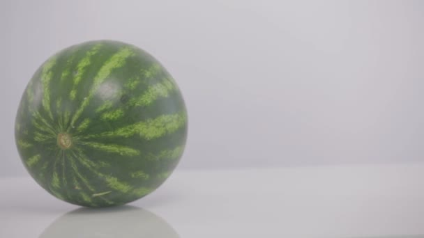 Plan panoramique de melon et pastèque sur fond blanc — Video