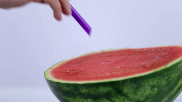 Half of watermelon is pierced with violet straw — Stock Video