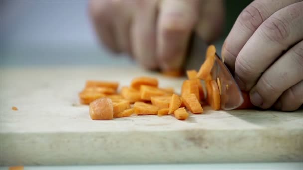 Corte de zanahoria con cuchillo de cocina — Vídeo de stock