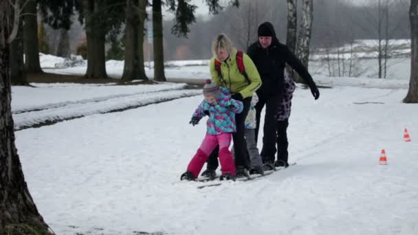 Familie worstelt om op ski's te lopen — Stok video