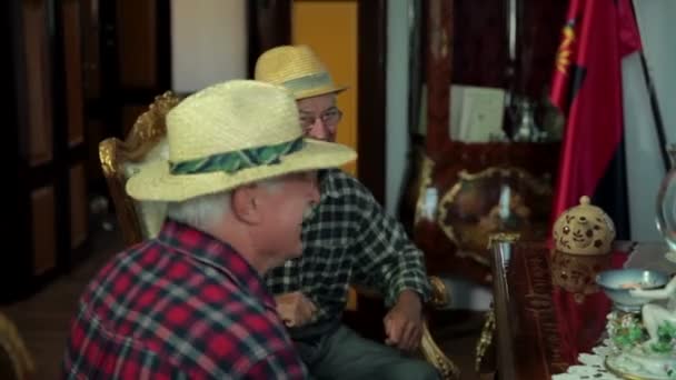 Dois camponeses com chapéus estão a sorrir e a falar alto — Vídeo de Stock