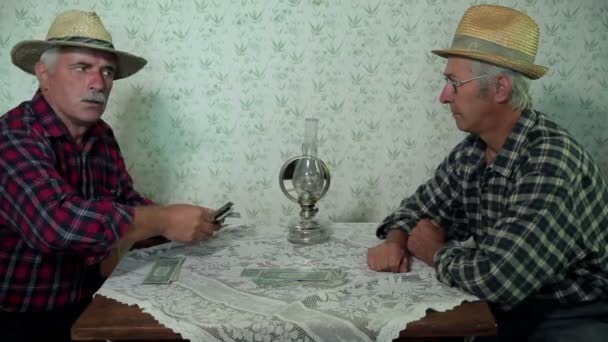 Два фермера говорят за столом о проблемах на ферме — стоковое видео