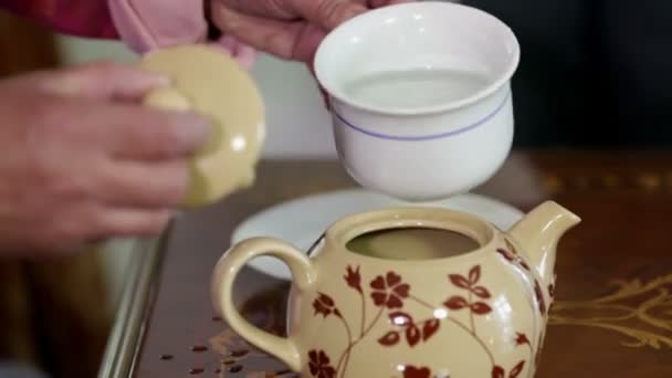 Pouring Some Water Into A Tea Jar — Stock Video