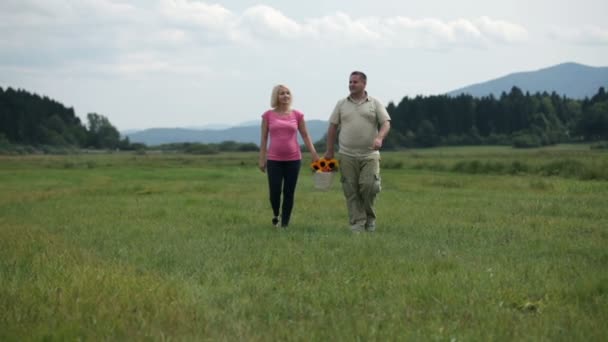 Esposa y marido caminando vivamente con cesta de picnic — Vídeos de Stock