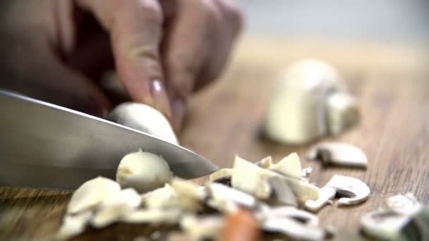 Champignons in kleine Stücke schneiden — Stockvideo