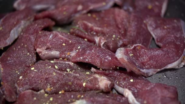 Añadir especias a la carne — Vídeos de Stock