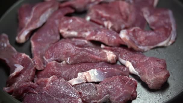 Spicing το κρέας σε ένα τηγάνι — Αρχείο Βίντεο