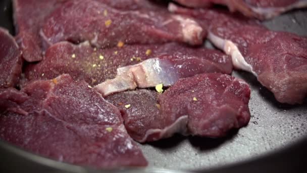 Speziare la carne con diversi tipi di spezie — Video Stock