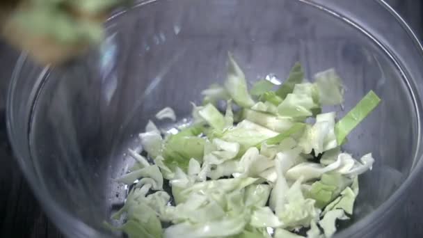 Poner los trozos de col en un plato de plástico — Vídeos de Stock