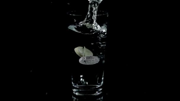 Os comprimidos de vitamina caem num copo de água e começam a dissolver-se. — Vídeo de Stock