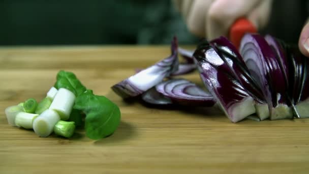 Детальний знімок різання шматочків цибулі — стокове відео