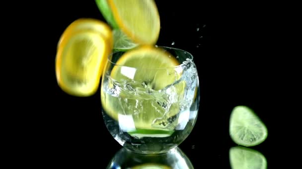 Lemon and lime pieces fall into small glass of water — Stock Video