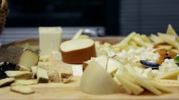 Plates with cheese and salami — Stock Video