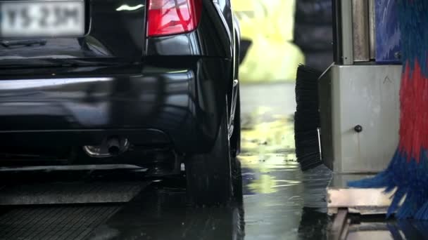 Bil som kör genom biltvätt från baksidan — Stockvideo
