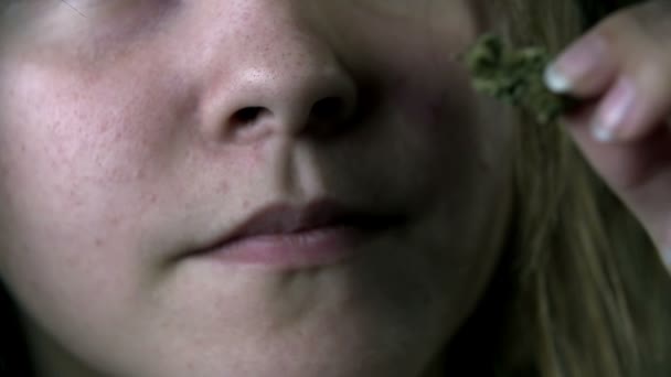 Female smells hemp bud — Stock Video