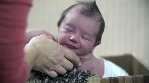 Madre sosteniendo a su bebé con sus palmas — Vídeo de stock