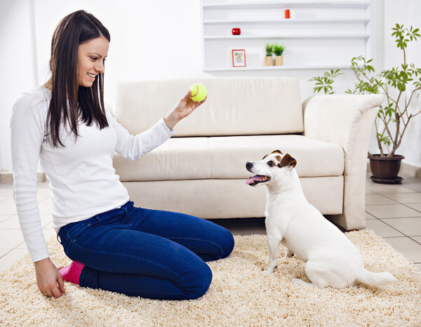Woman playing with cute dog