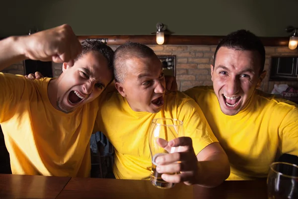 Vänner hejar på team på bar — Stockfoto