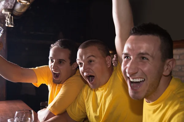 Vänner hejar på team på bar — Stockfoto