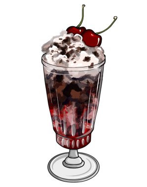İki kirazlı bir kokteylin el çizimi. Şeffaf bardakta el yapımı vişneli kokteyl vektörü. Çikolatalı kahve ve vişneli güzel bir bardak.