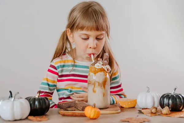 Portrait Little Girl Drinking Monster Freak Milkshake Autumn Drink Concept — Stock Photo, Image