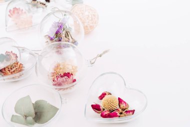 Beyaz arkaplanda kurumuş çiçeklerle dolu DIY süslemeleri ve metin için boş alan. Noel dekorasyonu fikri. Üst manzara, düz uzanma.