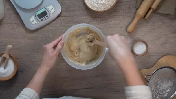 Mujer preparando la masa mezclando los ingredientes en un tazón — Vídeo de stock