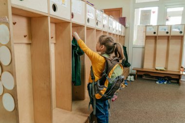 Okuldaki ya da anaokulundaki ilk günüm. Sırt çantalı küçük bir kız okuldaki bir gardıropta ceketini askıya asıyor. Okul konseptine dönelim..