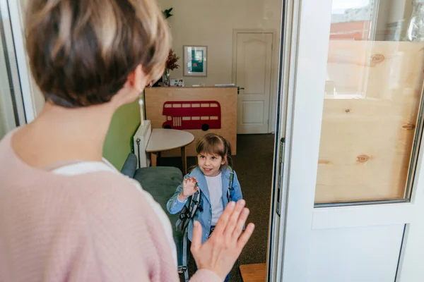 First Day School Kindergarten Happy Little Girl Backpack Standing Door — Stockfoto