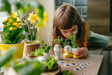 Küçük kız yumurta kabuklarını çimenle süslüyor. Evdeki ahşap masaya da oyuncak etiketler yapıştırıyor. Bayramlık Paskalya dekorasyonu için yaratıcı eğlenceli DIY fikri. Seçici odak.