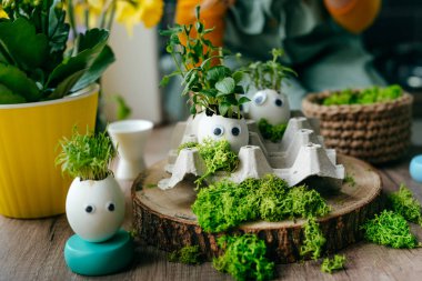 Küçük kız yumurta kabuklarını çimenle süslüyor. Evdeki ahşap masaya da oyuncak etiketler yapıştırıyor. Bayramlık Paskalya dekorasyonu için yaratıcı eğlenceli DIY fikri. Seçici odak.